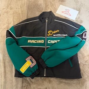 PrettyLittleThing Green & Black Racing Jacket with Embroidered Patches